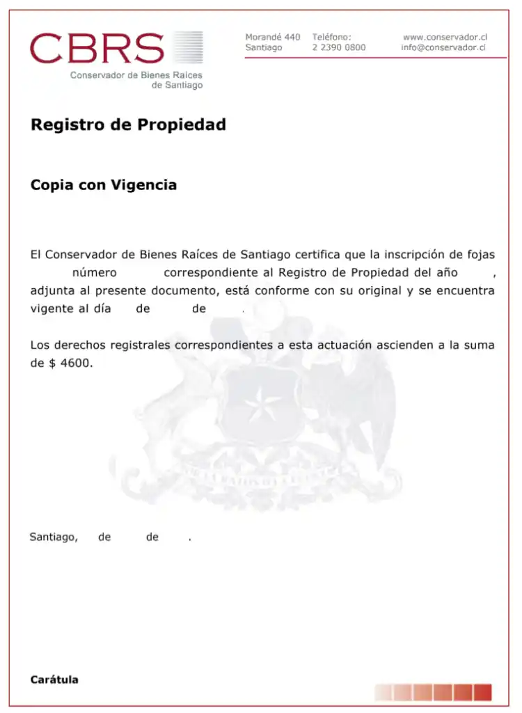 Ejemplo de Certificado de Dominio para desalojo en Chile
